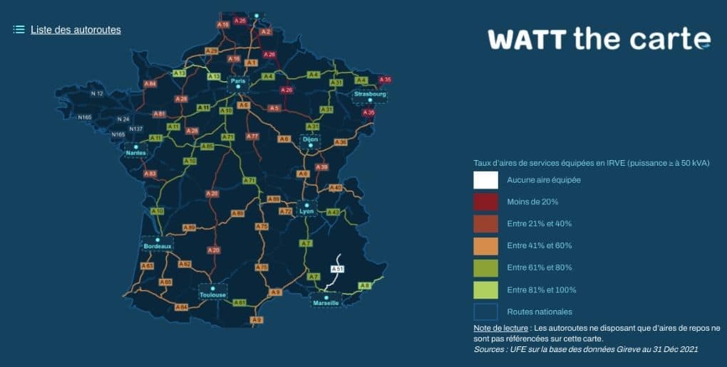 Carte Watt liste des autoroutes