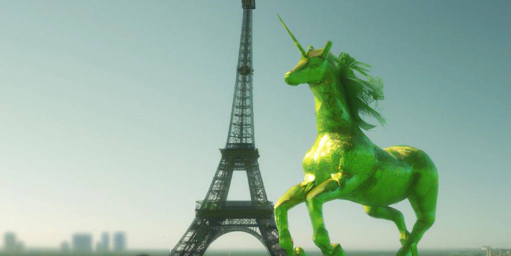 rendu 3D d'une licorne verte à Paris