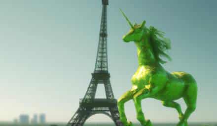 rendu 3D d'une licorne verte à Paris